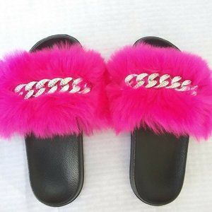 Fuchsia Faux Fur Slides/Slippers/With Chain